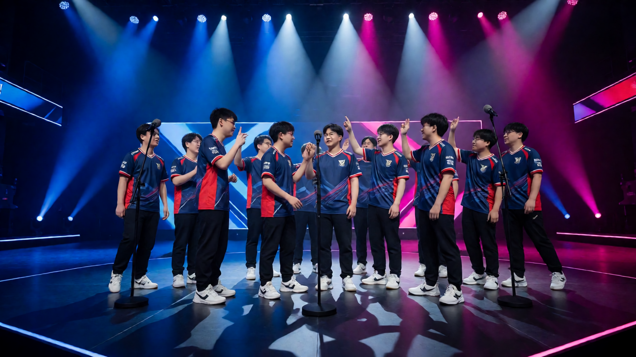 电竞比赛现场舞台灯光和选手比赛画面